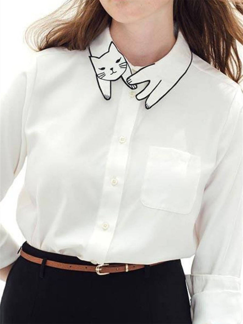 Women's White Cat Print Shirt Collar Long Sleeve Shirt