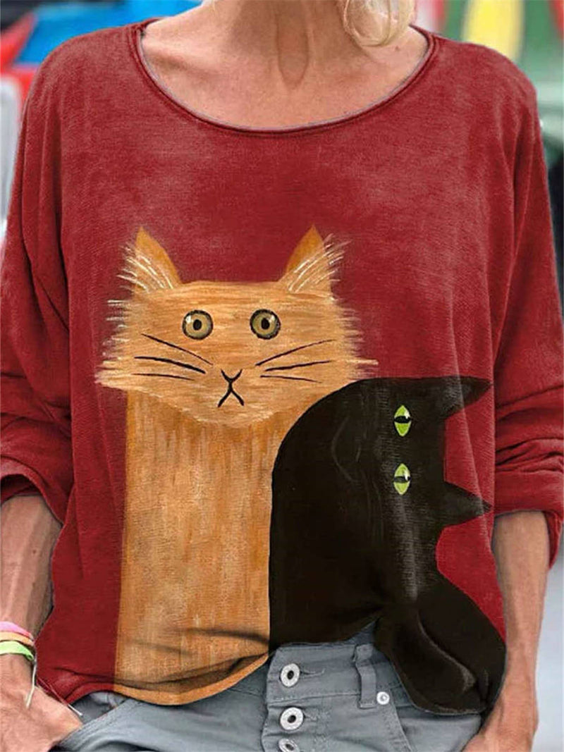 Women's Red Cat Print Round Neck Long Sleeve Blouse
