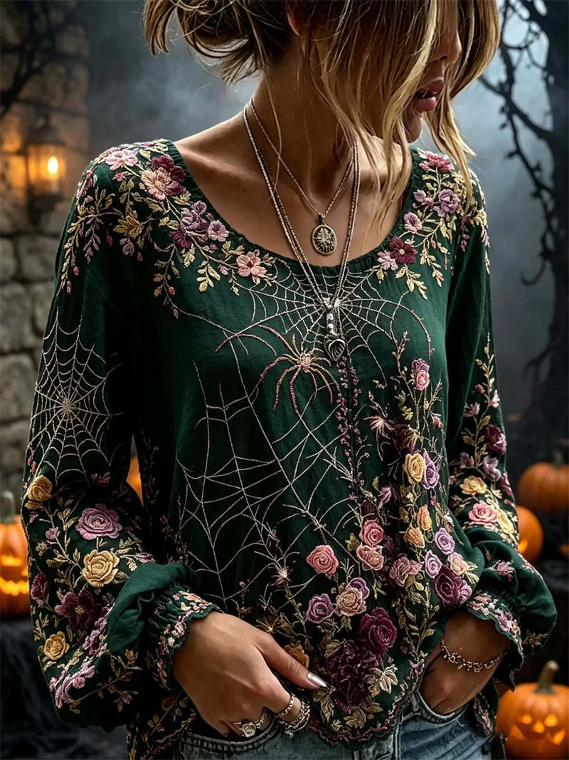 Women's Halloween Green Floral Spider Web Round Neck Long Sleeve Blouse