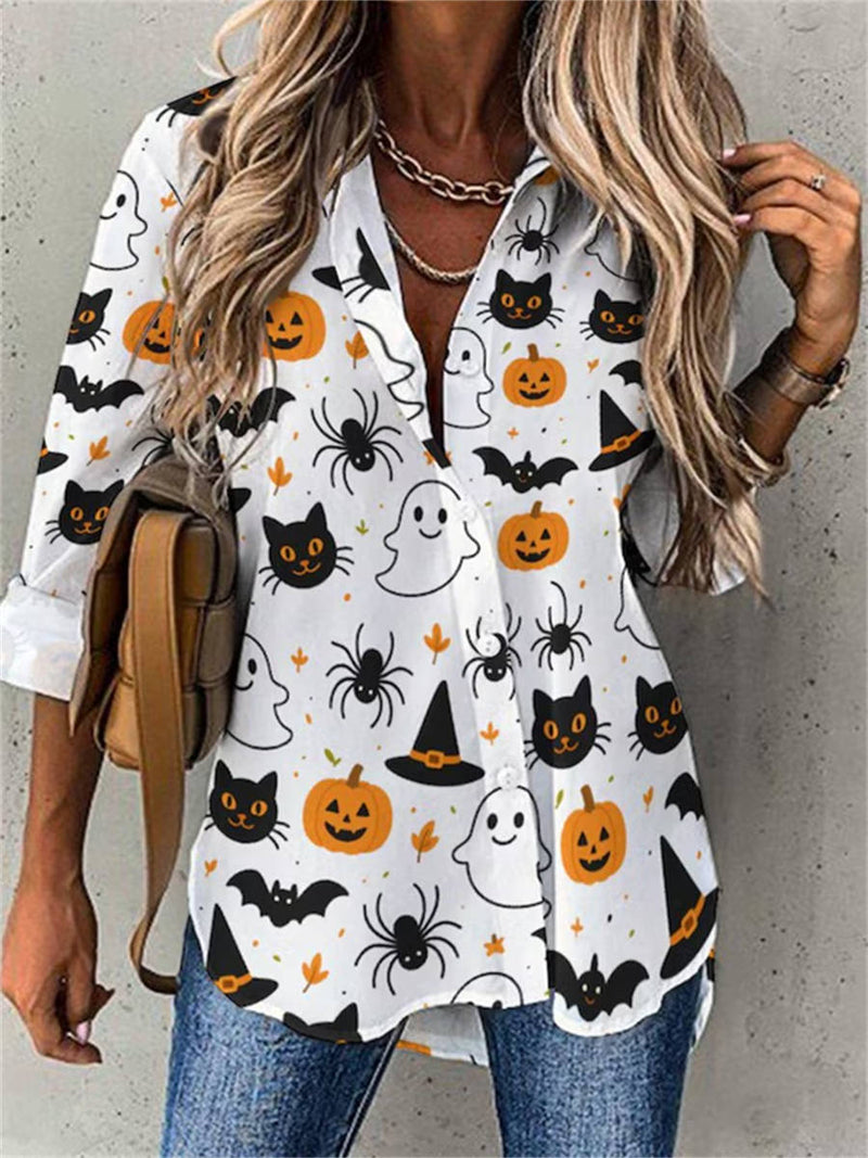 Women's Halloween Multi Pumpkin Ghost Cat Bat Spider V Neck Three Quarter Sleeve Shirt