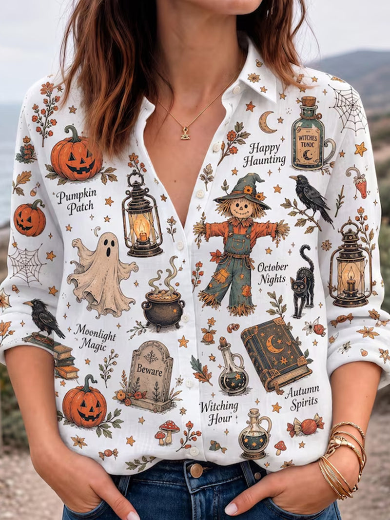 Women's Halloween White Ghost Pumpkin Crow Print Collar Long Sleeve Shirt