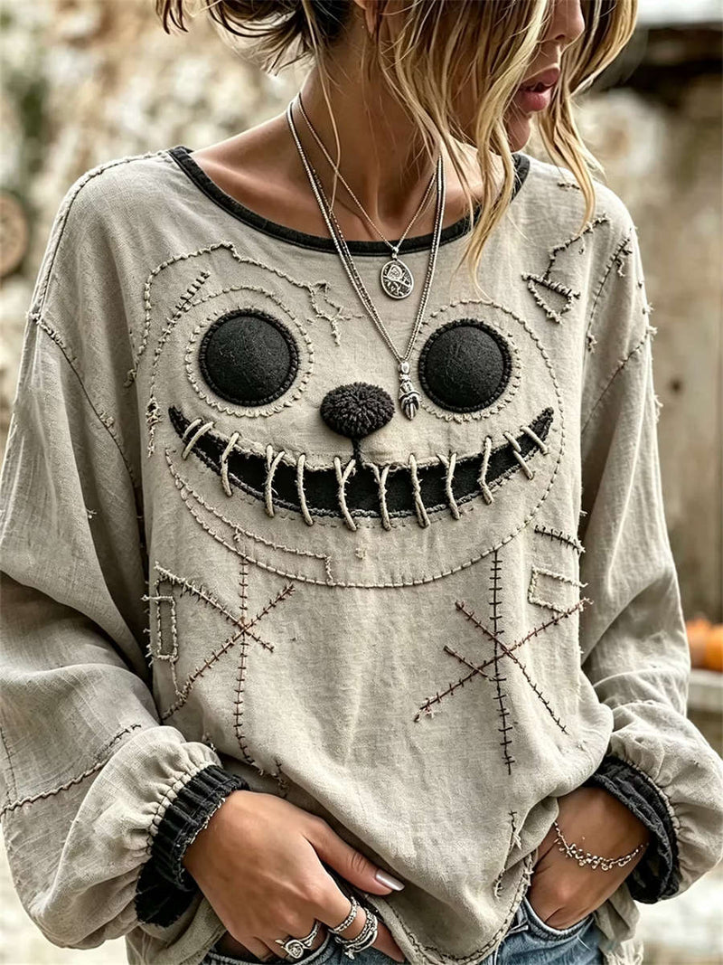 Women's Halloween Beige Stitched Ghost Face Print Round Neck Long Sleeve Blouse