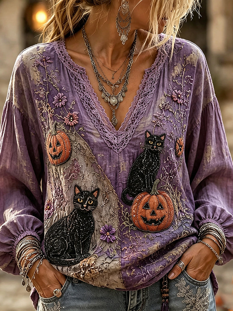 Women's Halloween Purple Cat Pumpkin Print V Neck Puff Long Sleeve Blouse