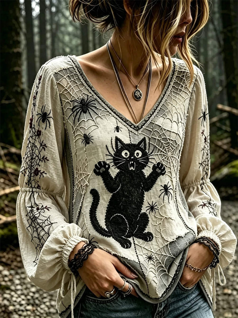 Women's Halloween Multi Gothic Cat Spider Print V Neck Puff Sleeve Blouse