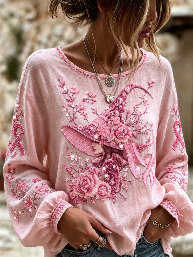 Women's Halloween Pink Witch Floral Ribbon Print Round Neck Long Sleeve Blouse