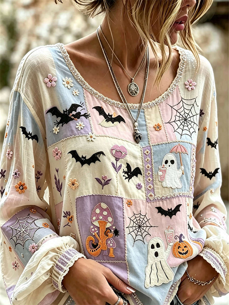 Women's Halloween Multi Patchwork Bat Ghost Pumpkin Floral Round Neck Long Sleeve Blouse