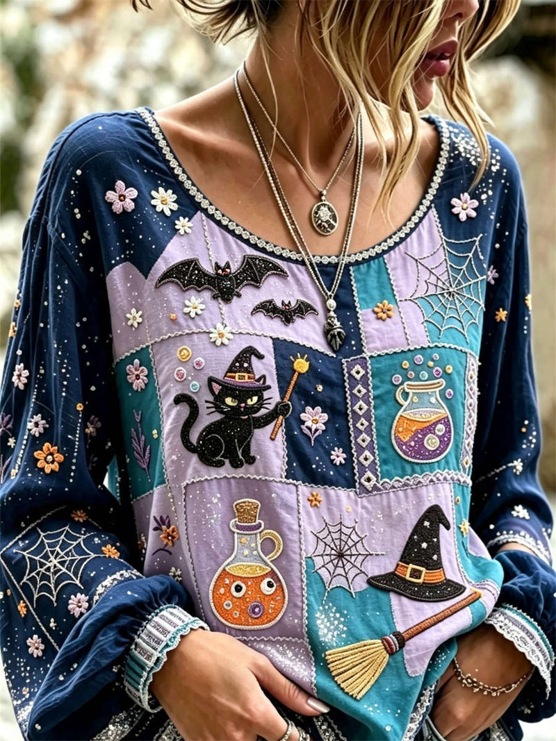 Women's Halloween Multi Patchwork Black Cat Witch Bat Floral Round Neck Long Sleeve Blouse