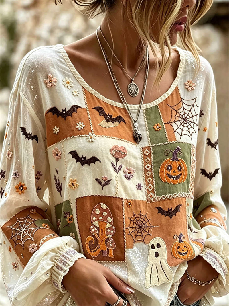 Women's Halloween Multi Patchwork Pumpkin Ghost Bat Floral Round Neck Long Sleeve Blouse