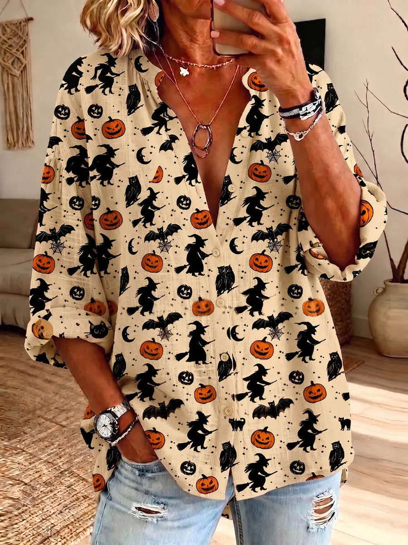 Women's Halloween Beige Witch Pumpkin Bat Print Stand Collar Long Sleeve Shirt