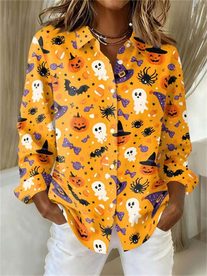 Women's Halloween Orange Cartoon Ghost Pumpkin Print Lapel Long Sleeve Shirt