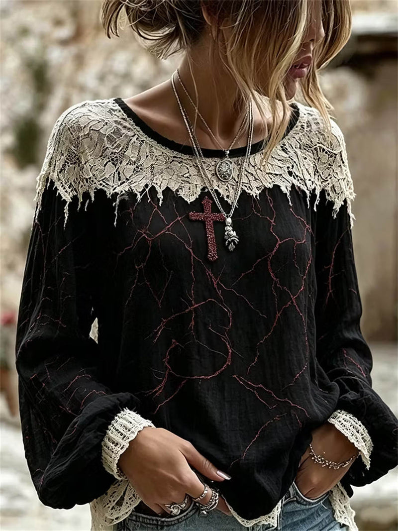 Women's Halloween Black Cracked Lace Patchwork Round Neck Long Sleeve Blouse