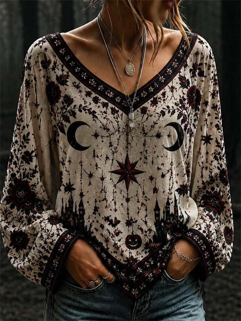 Women's Halloween Beige Gothic Moon Castle Floral V Neck Long Sleeve Blouse