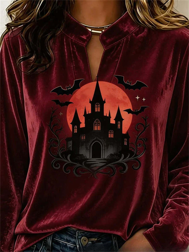 Women's Halloween Burgundy Castle Bat Print Keyhole Neck Long Sleeve Blouse