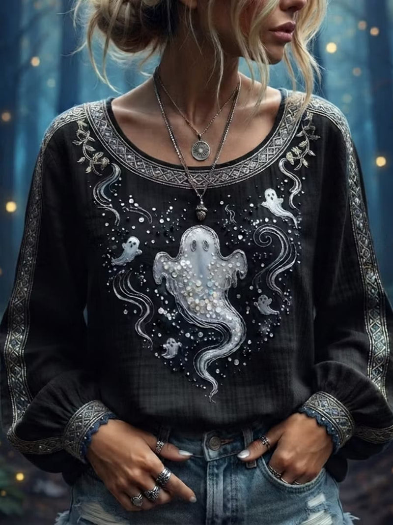 Women's Halloween Black Ghost Print Round Neck Long Sleeve Blouse