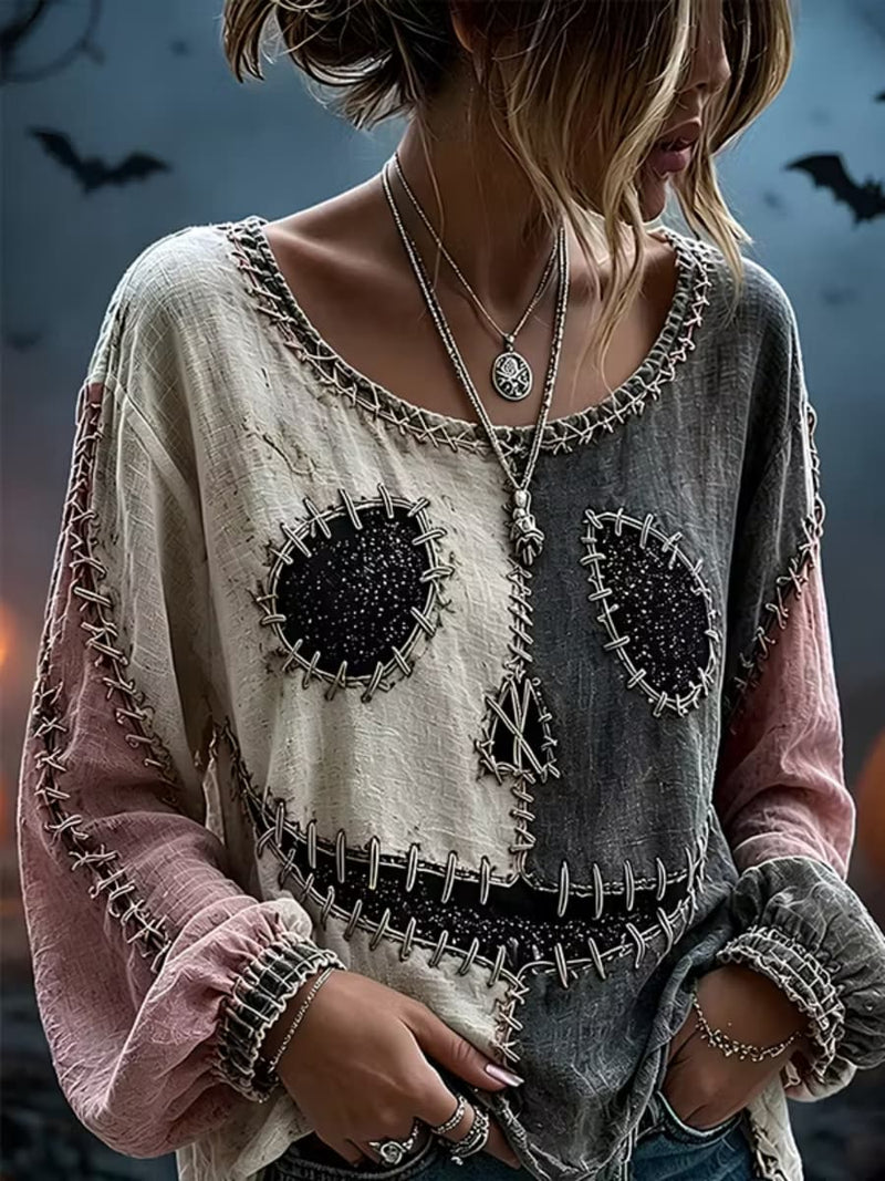 Women's Halloween Multi Color Block Patchwork Pumpkin Face Print Round Neck Long Sleeve Blouse