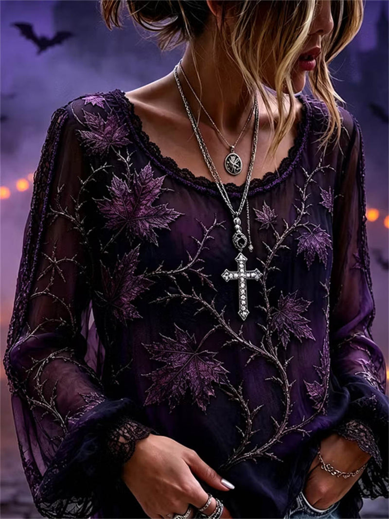 Women's Halloween Multi Maple Leaf Print V Neck Long Sleeve Blouse