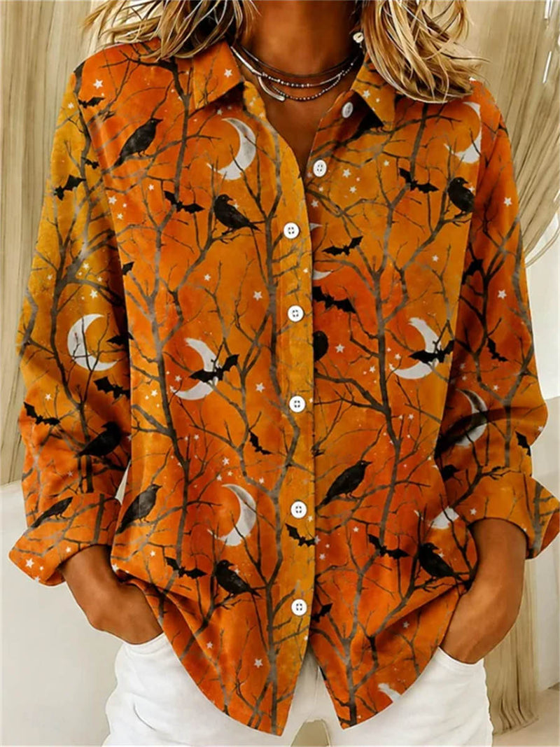 Women's Halloween Orange Crow Moon Bat Print Collared Long Sleeve Shirt