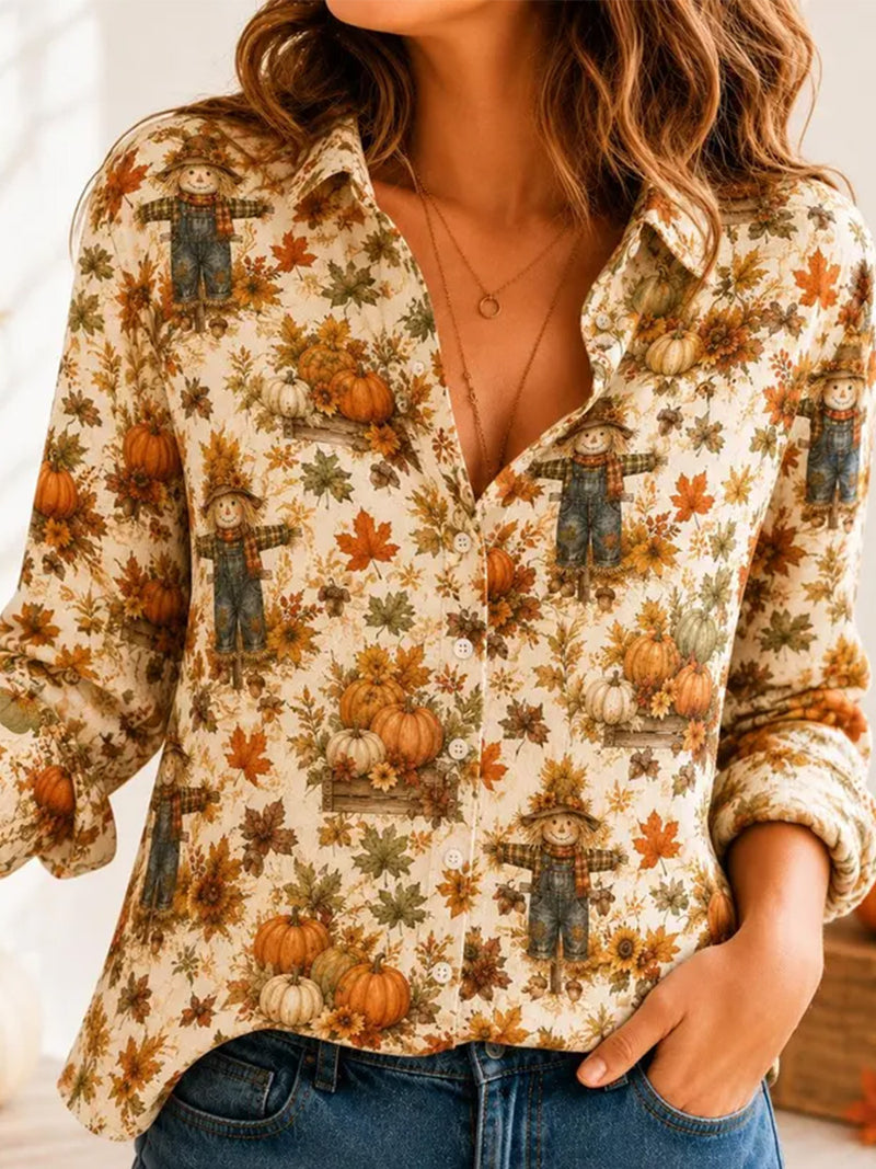 Women's Thanksgiving Beige Scarecrow Pumpkin Print Collared Long Sleeve Shirt