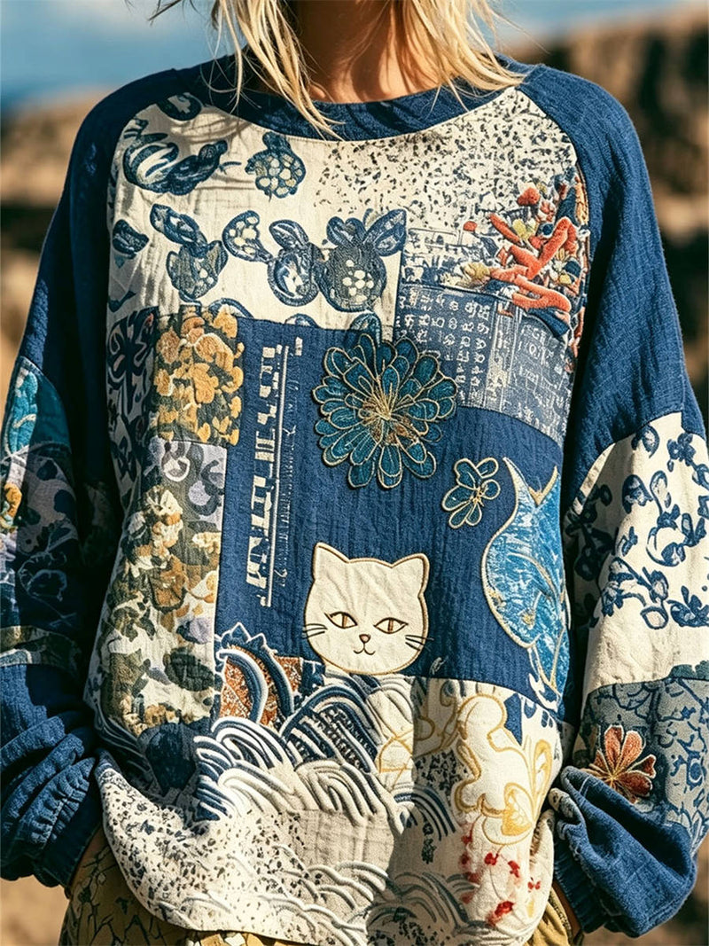 Women's Multi Blue Cat Wave Patchwork Round Neck Long Sleeve Blouse