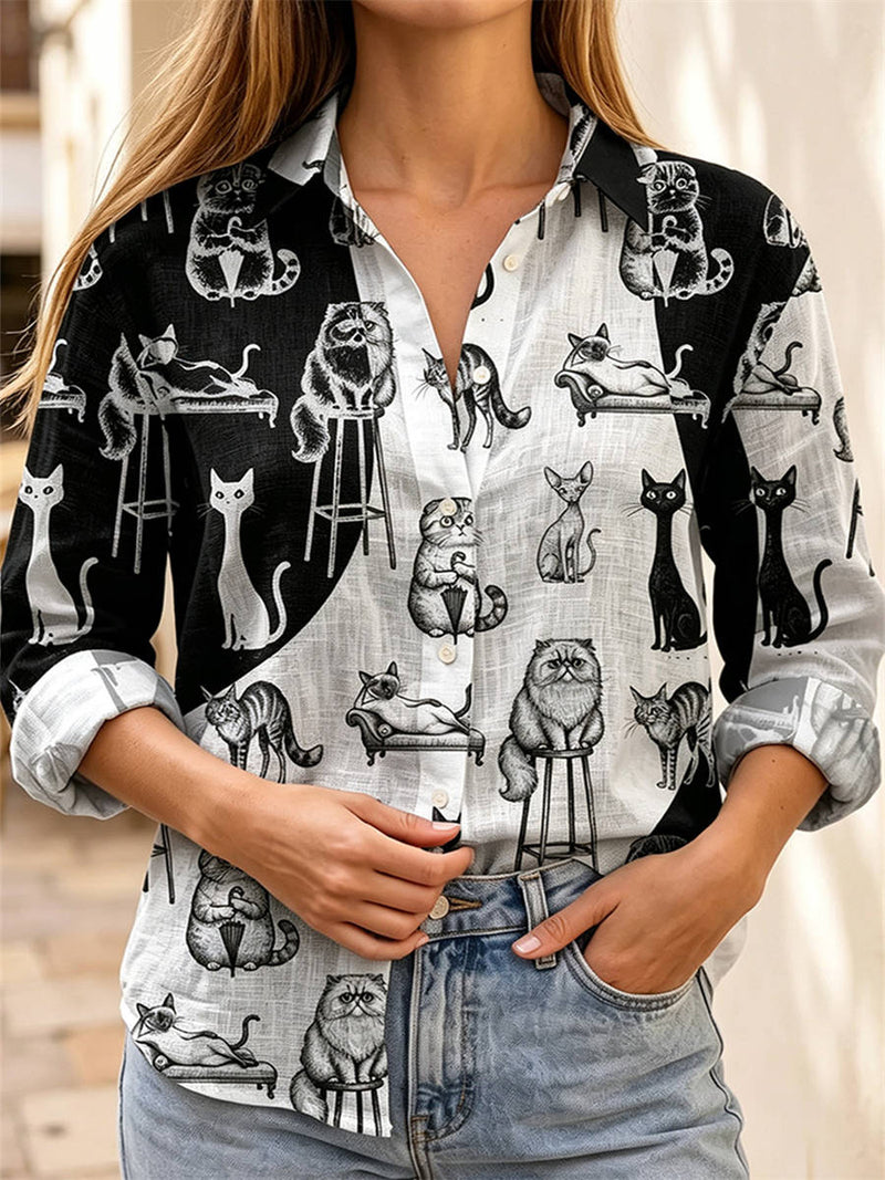 Women's Black White Color Block Cat Print Collar Long Sleeve Blouse