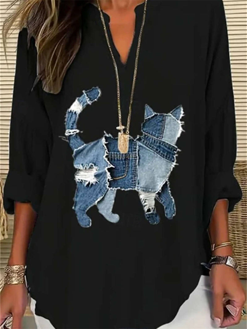 Women's Black Denim Patch Cat Print V Neck Long Sleeve Blouse
