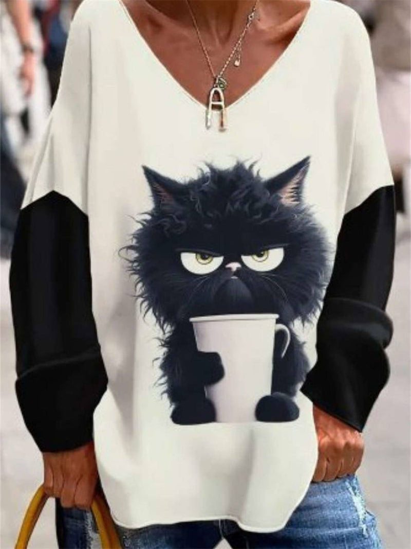 Women's White Cat Print V Neck Long Sleeve Blouse