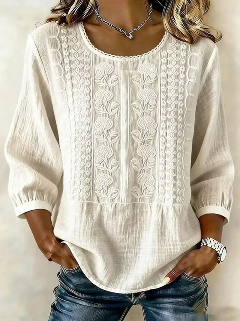 Women's White Floral Lace Round Neck Three Quarter Sleeve Blouse