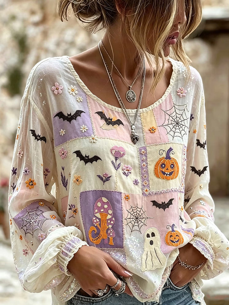 Women's Halloween Off White Patchwork Round Neck Long Sleeve Blouse