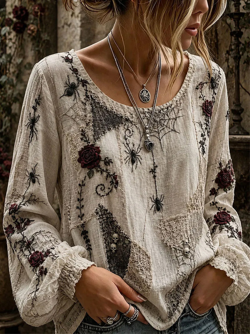 Women's Halloween Beige Spider Rose Lace Patchwork Round Neck Long Sleeve Blouse