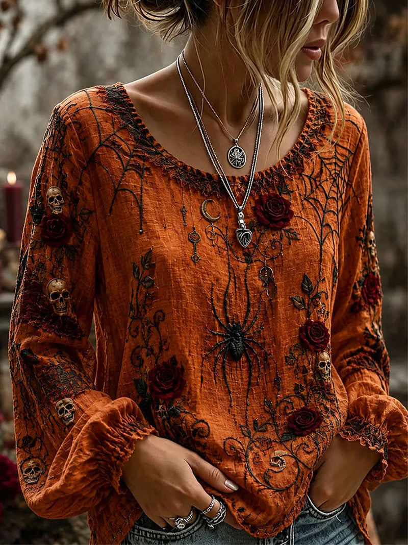 Women's Halloween Orange Spider Skull Rose Embroidery Round Neck Long Sleeve Blouse