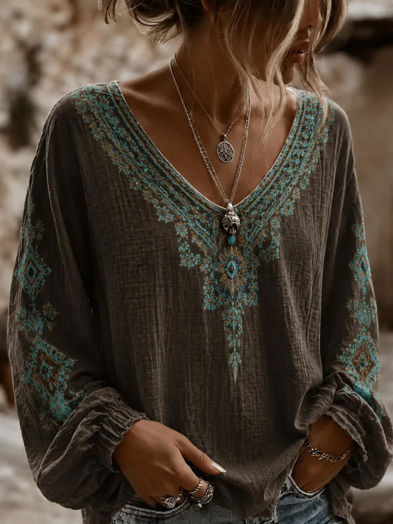 Women's Dark Grey Ethnic Floral Embroidery V Neck Long Sleeve Blouse