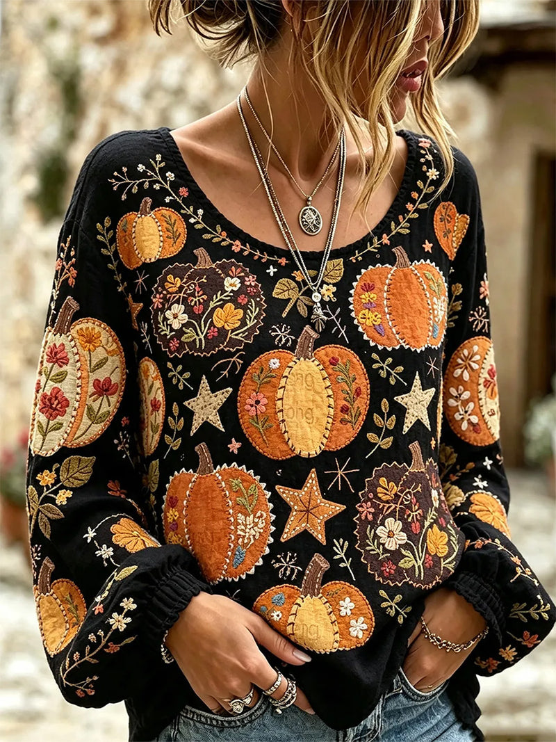Women's Halloween Black Floral Pumpkin Round Neck Long Sleeve Blouse