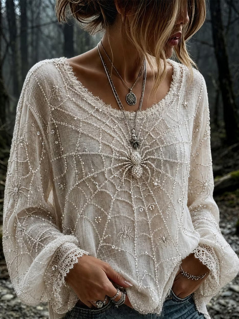 Women's Halloween Off White Spider Web Round Neck Long Sleeve Blouse