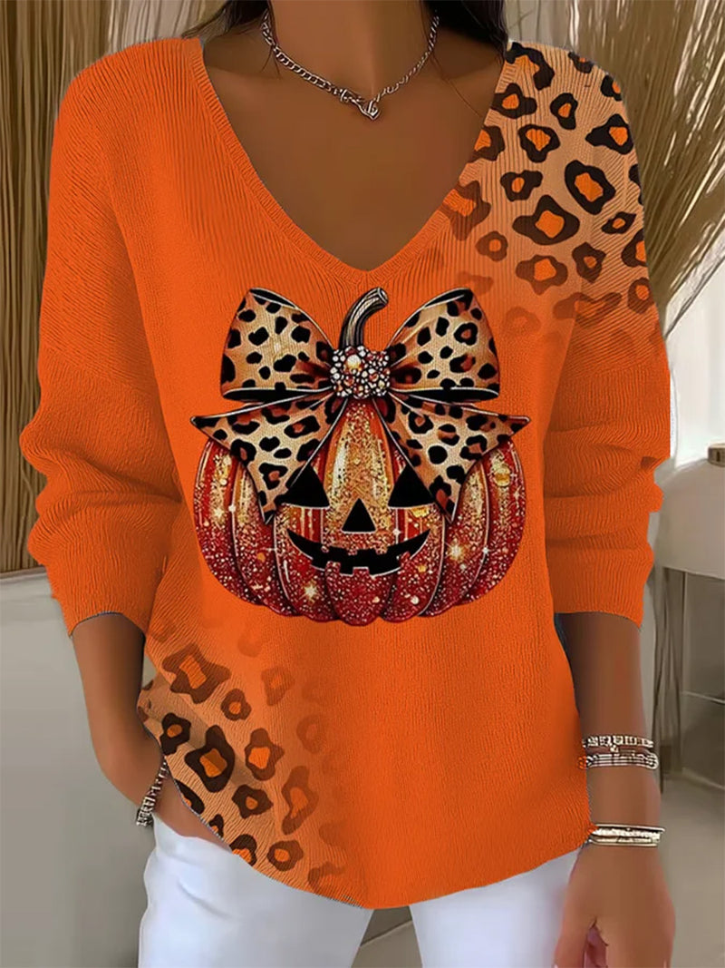 Women's Halloween Orange Leopard Pumpkin V Neck Long Sleeve Blouse