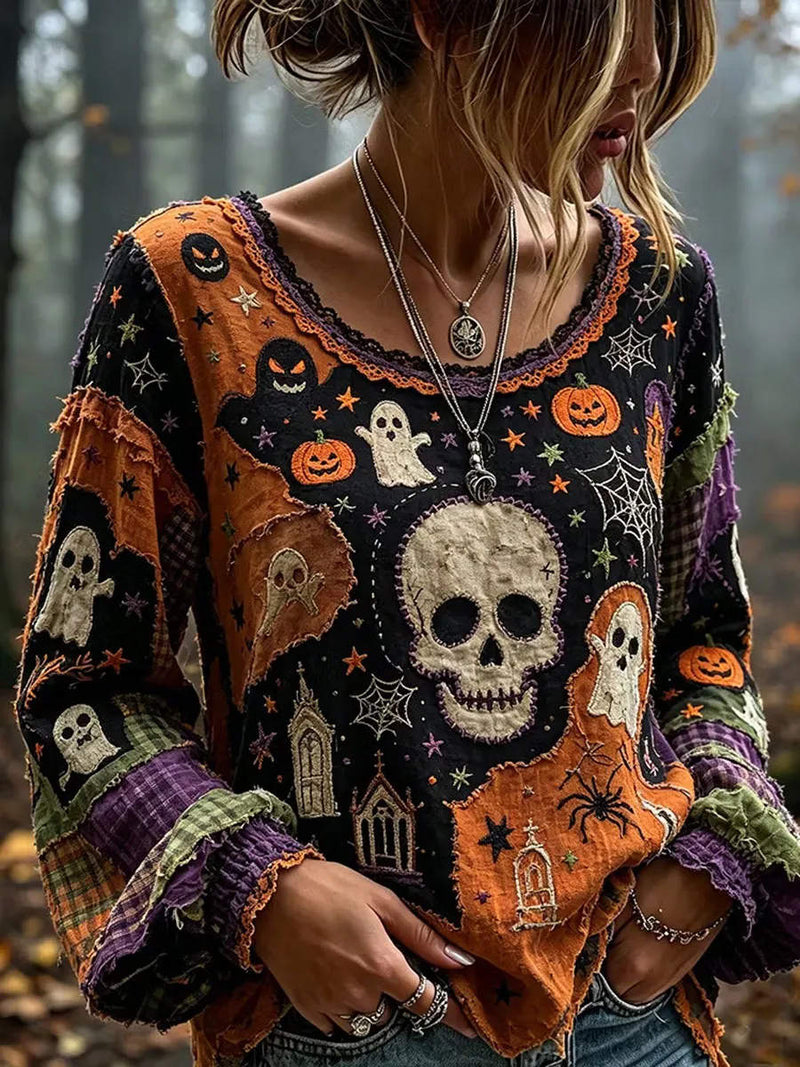 Women's Halloween Multi Skull Ghost Pumpkin Scoop Neck Long Sleeve Blouse