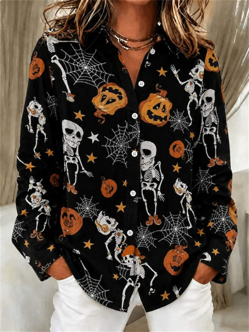 Women's Halloween Black Skeleton Pumpkin Collared Long Sleeve Shirt