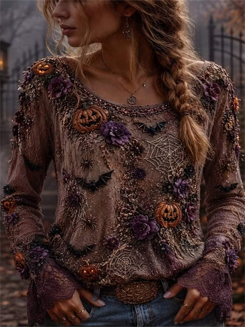 Women's Halloween Multi Pumpkin Bat Spider Web Round Neck Long Sleeve Blouse