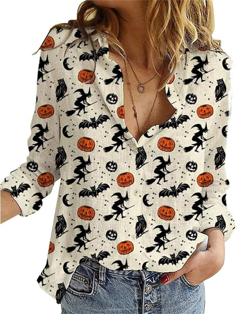 Women's Halloween Beige Witch Pumpkin Print Collared Long Sleeve Shirt