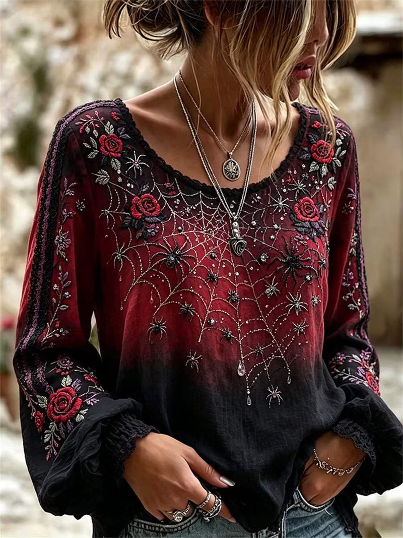 Women's Halloween Red Black Gradient Spider Rose Print Scoop Neck Long Sleeve Blouse