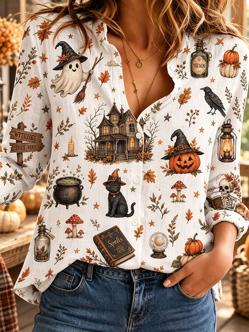 Women's Halloween Multi Witch Ghost Print Collared Long Sleeve Shirt