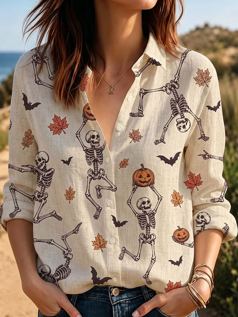 Women's Halloween Multi Skeleton Print Collared Long Sleeve Shirt