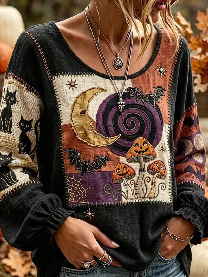Women's Halloween Black Patchwork Moon Print Round Neck Long Sleeve Blouse