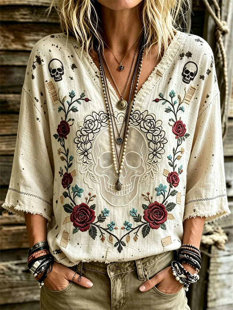 Women's Halloween Beige Skull Rose Print V Neck 3/4 Sleeve Blouse