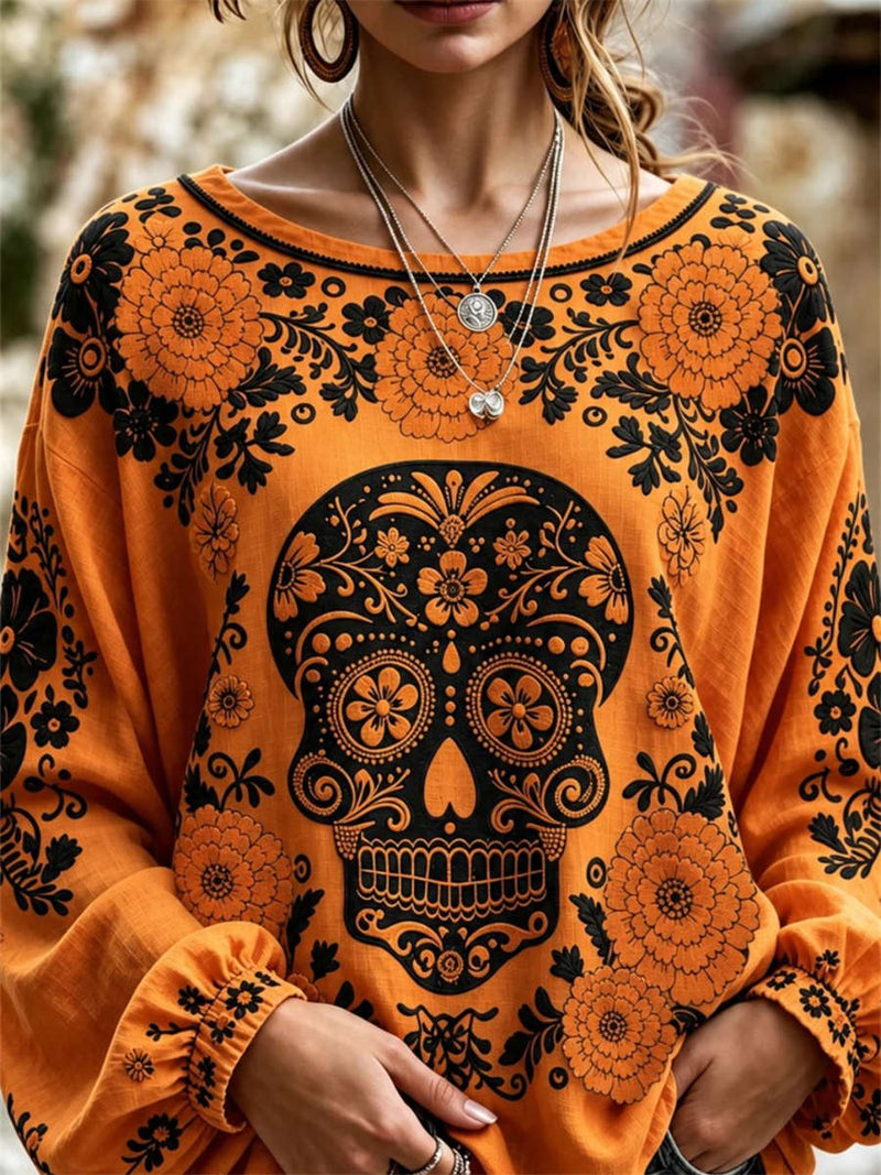 Women's Halloween Orange Skull Print Round Neck Long Sleeve Blouse