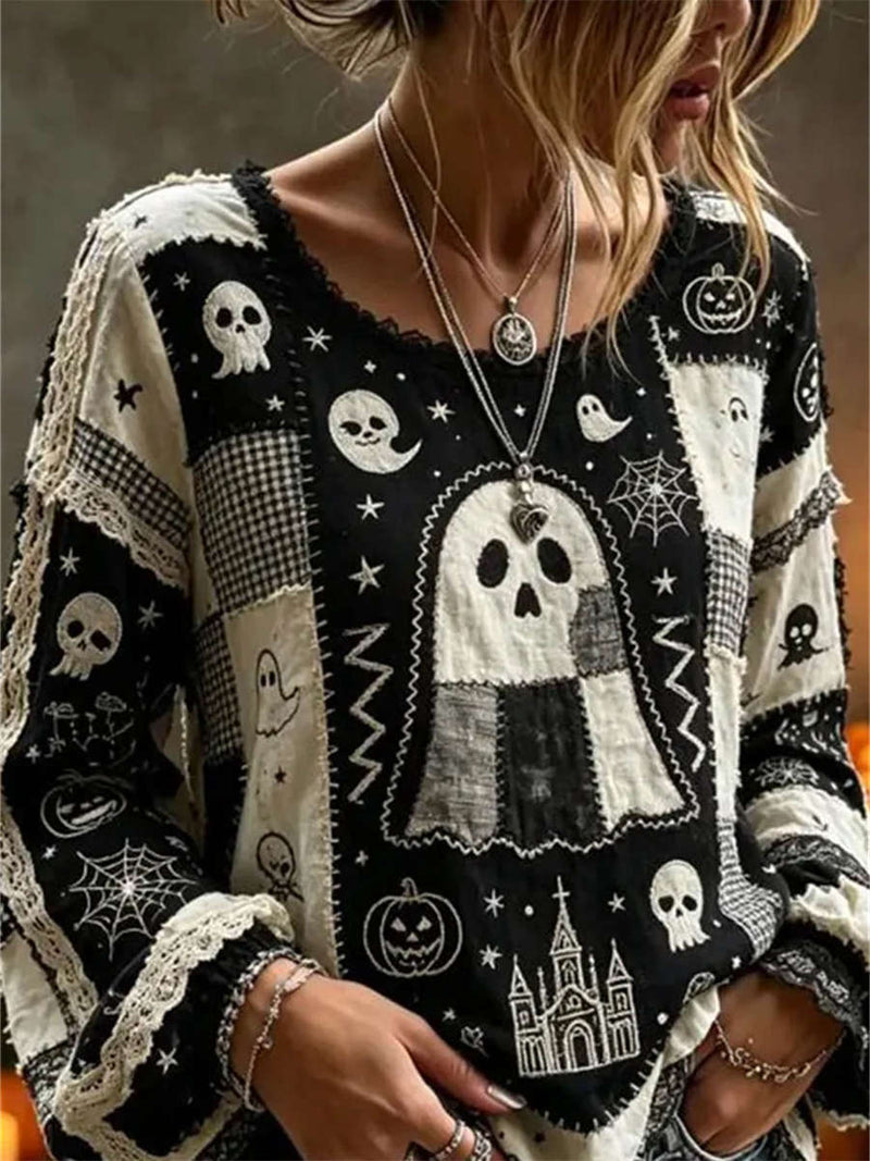 Women's Halloween Black Ghost Print Round Neck Long Sleeve Blouse