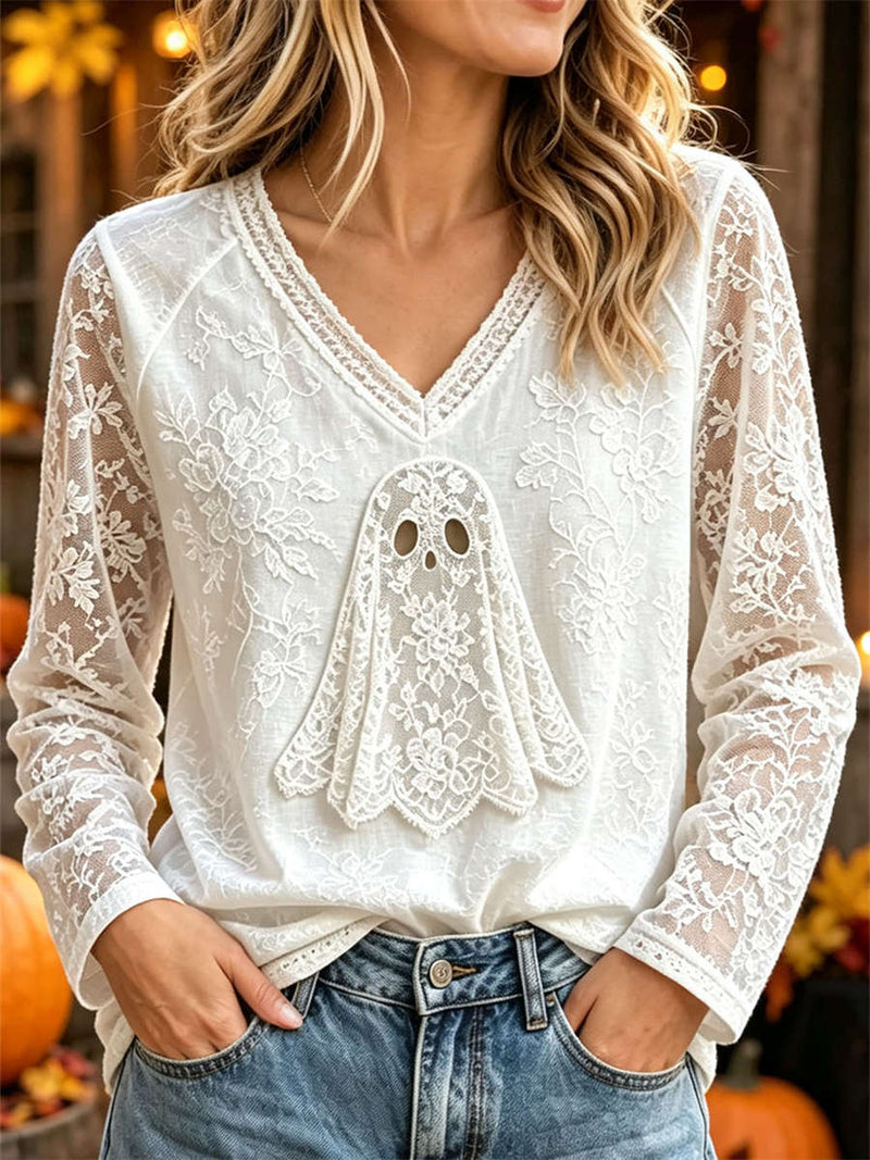 Women's Halloween White Lace Ghost Print V Neck Long Sleeve Blouse
