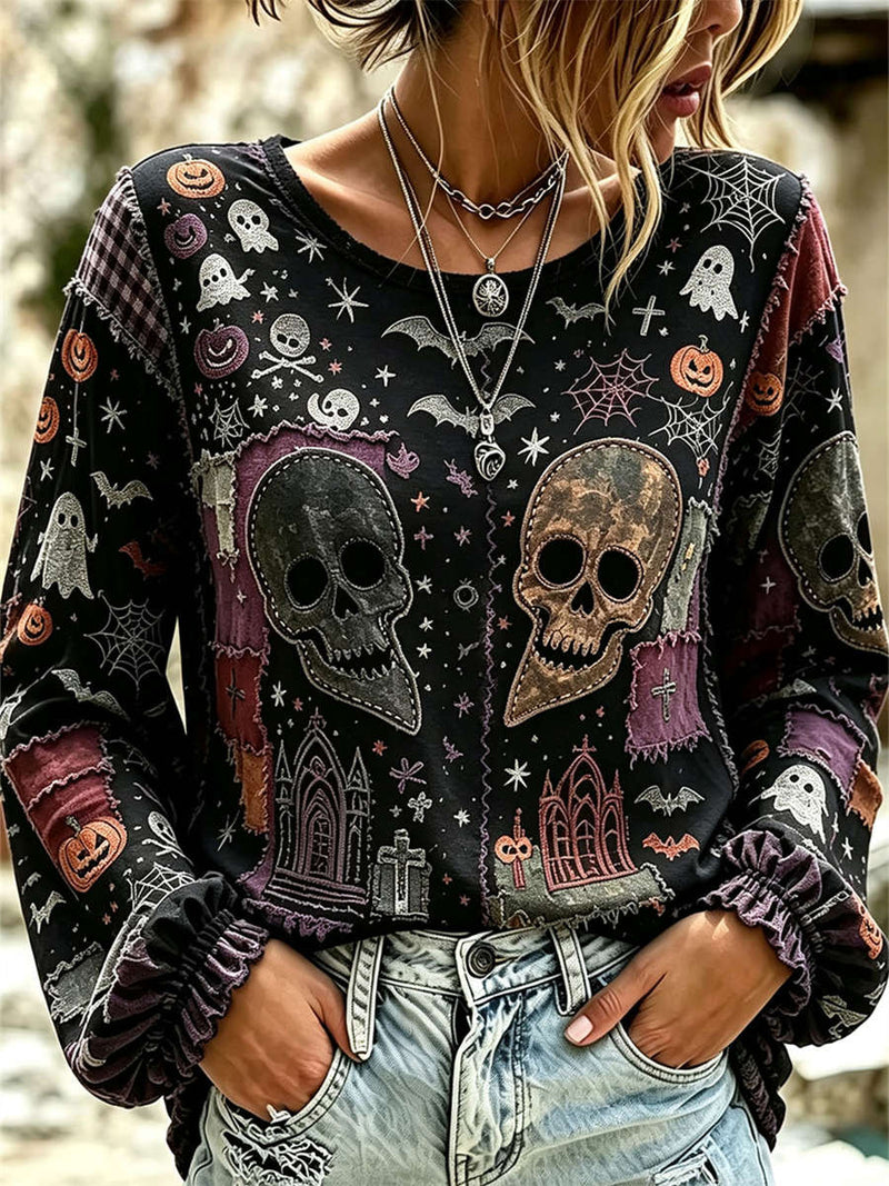 Women's Halloween Black Skull Patchwork Round Neck Long Sleeve Blouse