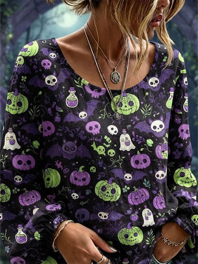 Women's Halloween Black Halloween Print Round Neck Long Sleeve Blouse