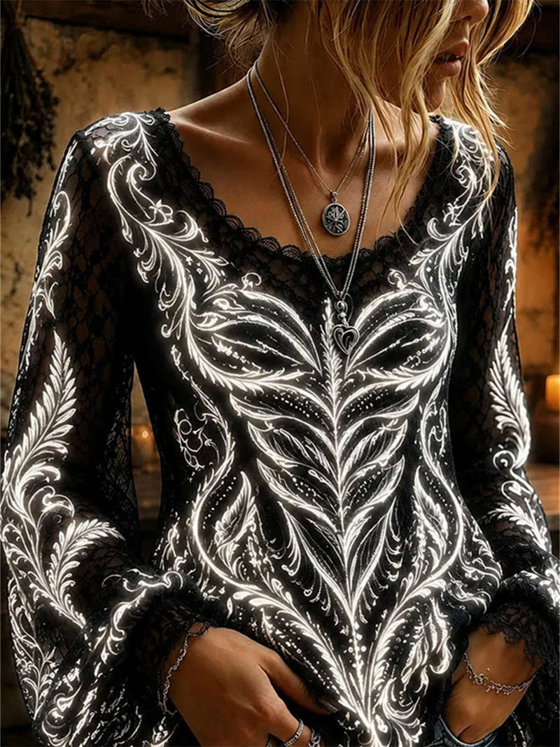 Women's Halloween Black White Paisley Lace V Neck Long Sleeve Blouse