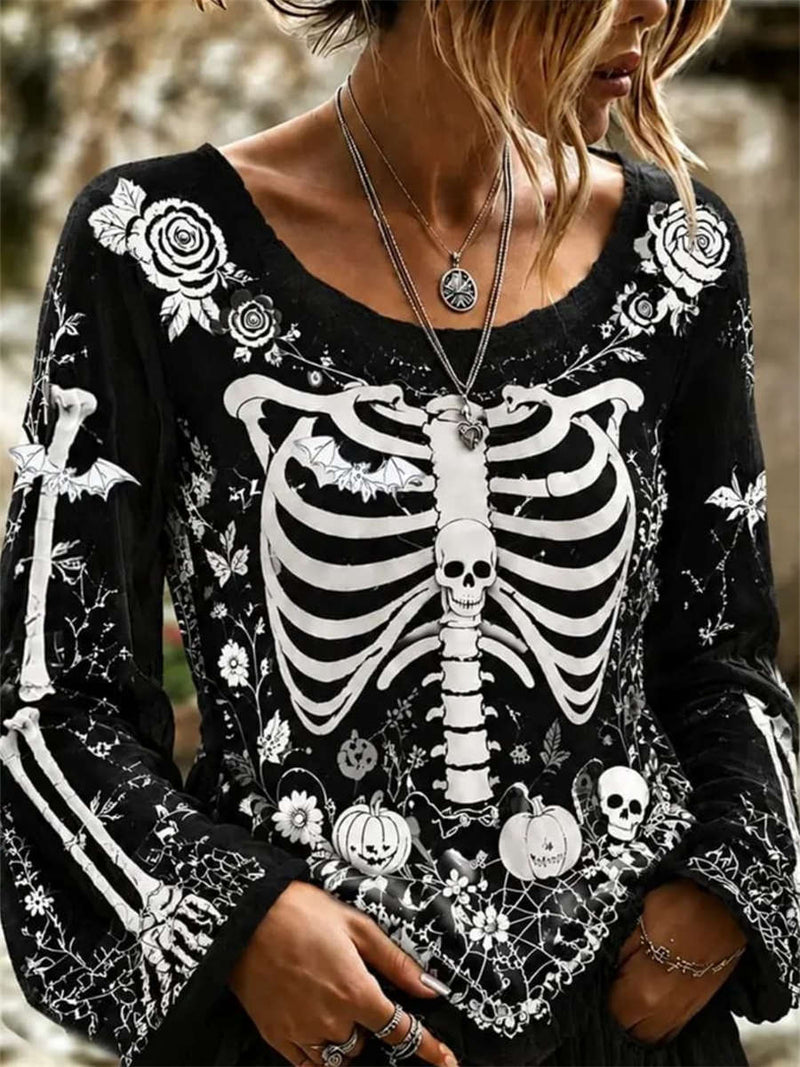 Women's Halloween Black Skeleton Print Round Neck Long Sleeve Blouse